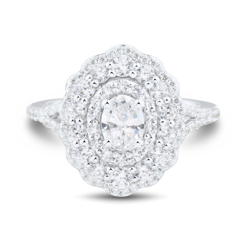 Main Image 3 of 1-1/2 CT. T.W. Oval Diamond Layered Scallop Frame Engagement Ring in 14K White Gold (I/I1)