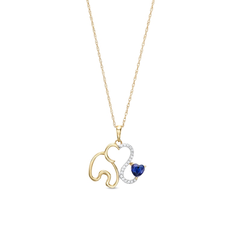 Main Image 1 of Heart-Shaped Blue Lab-Created Sapphire and 1/20 CT. T.W. Diamond Elephant Outline Pendant in 10K Gold