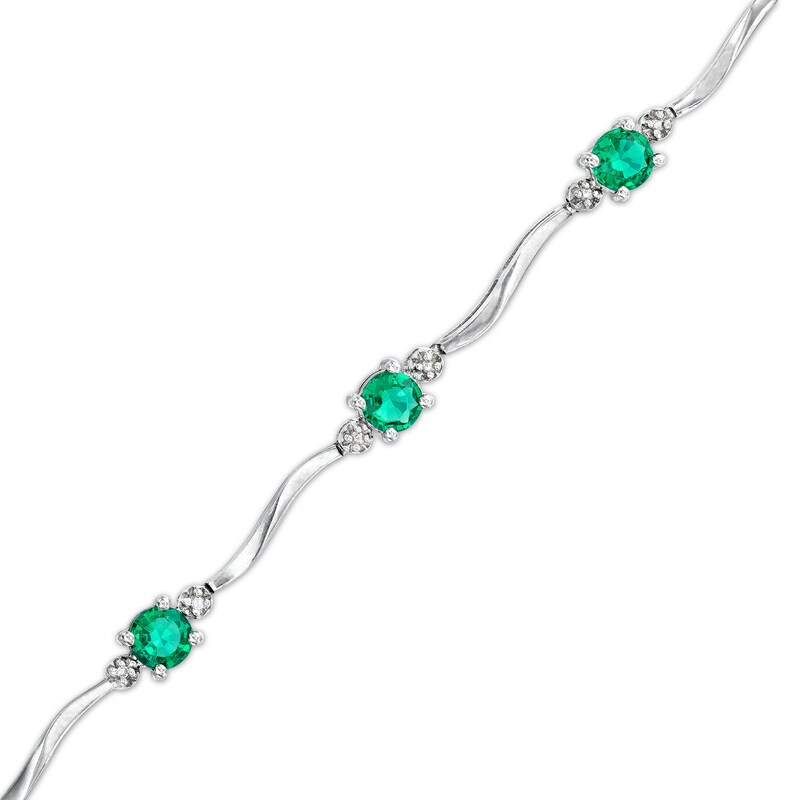 Main Image 1 of Lab-Created Emerald and Diamond Accent Station Wavy Line Bracelet in Sterling Silver - 7.5"