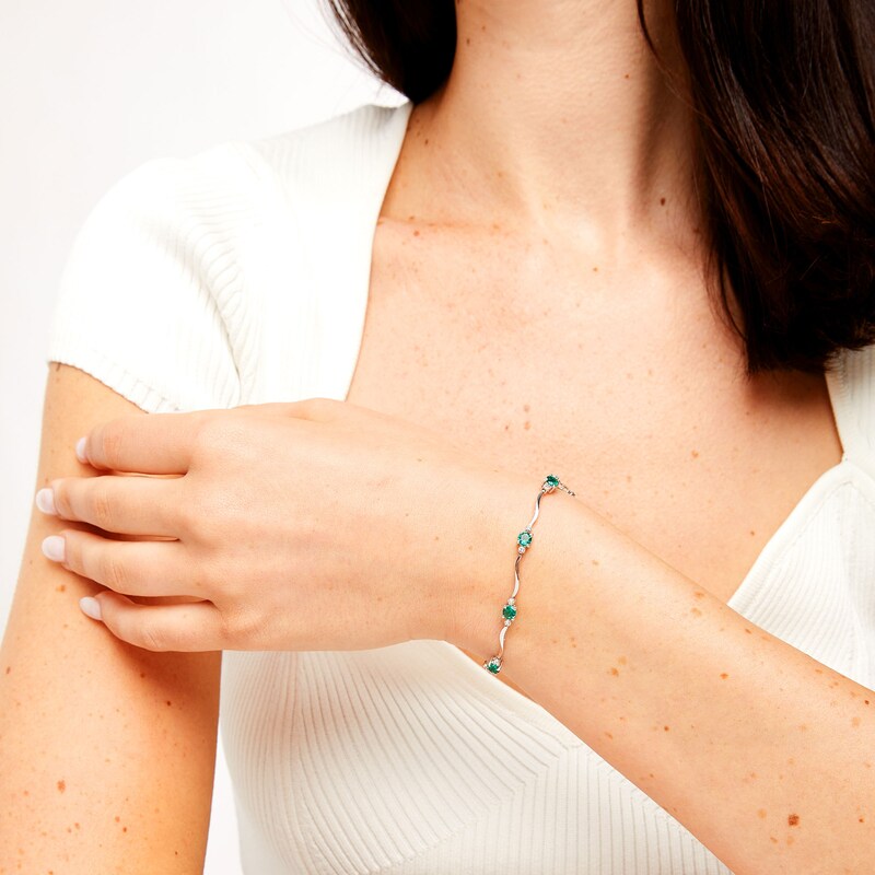 Main Image 2 of Lab-Created Emerald and Diamond Accent Station Wavy Line Bracelet in Sterling Silver - 7.5"
