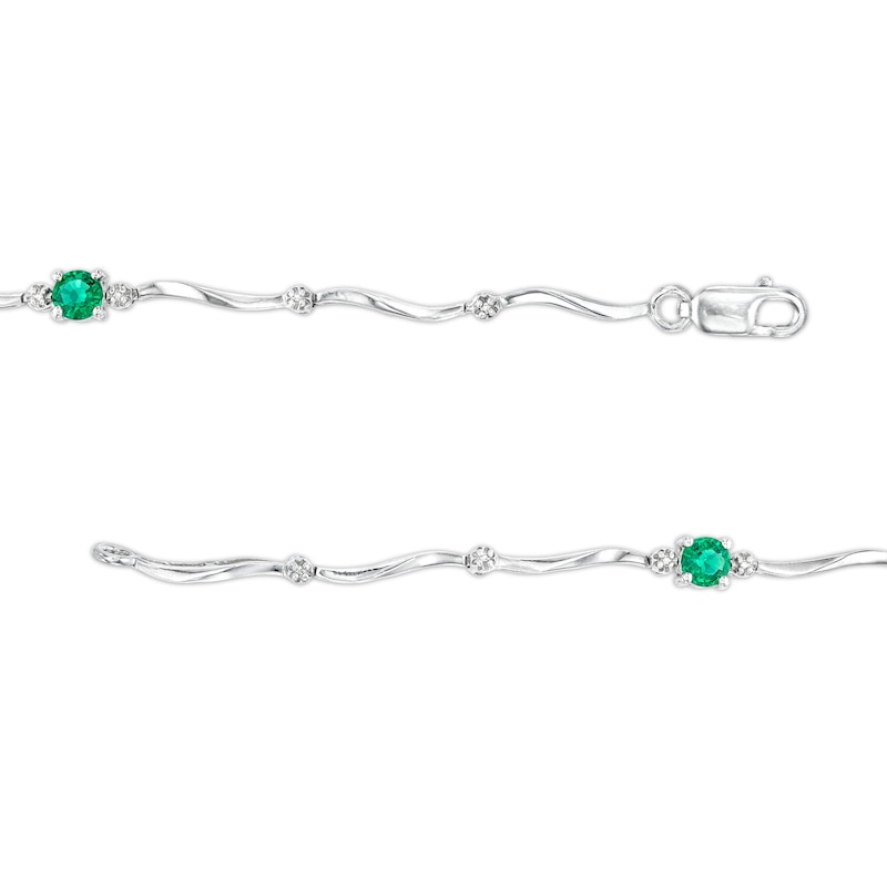 Main Image 3 of Lab-Created Emerald and Diamond Accent Station Wavy Line Bracelet in Sterling Silver - 7.5"