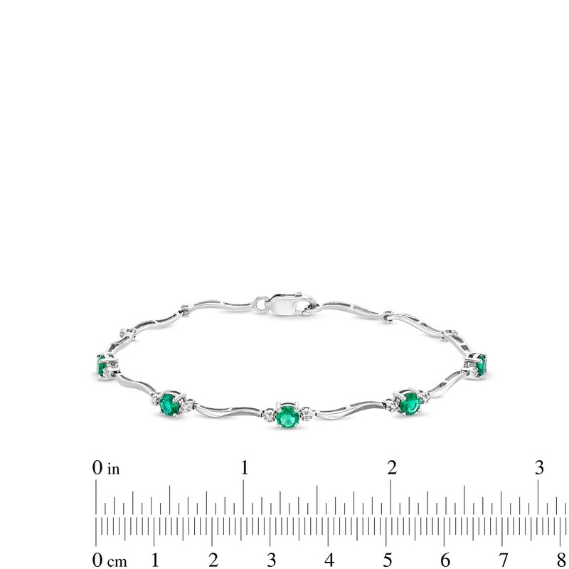 Main Image 4 of Lab-Created Emerald and Diamond Accent Station Wavy Line Bracelet in Sterling Silver - 7.5"