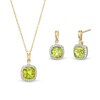 Thumbnail Image 1 of Cushion-Cut Peridot and White Lab-Created Sapphire Pendant and Drop Earrings Set in Sterling Silver with 18K Gold Plate