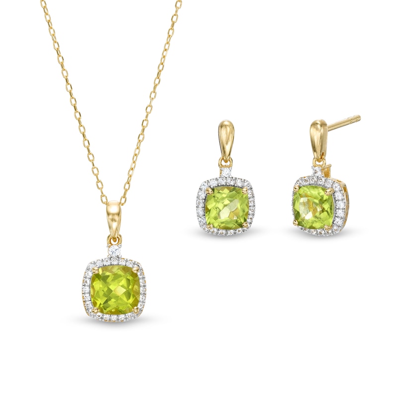 Main Image 1 of Cushion-Cut Peridot and White Lab-Created Sapphire Pendant and Drop Earrings Set in Sterling Silver with 18K Gold Plate
