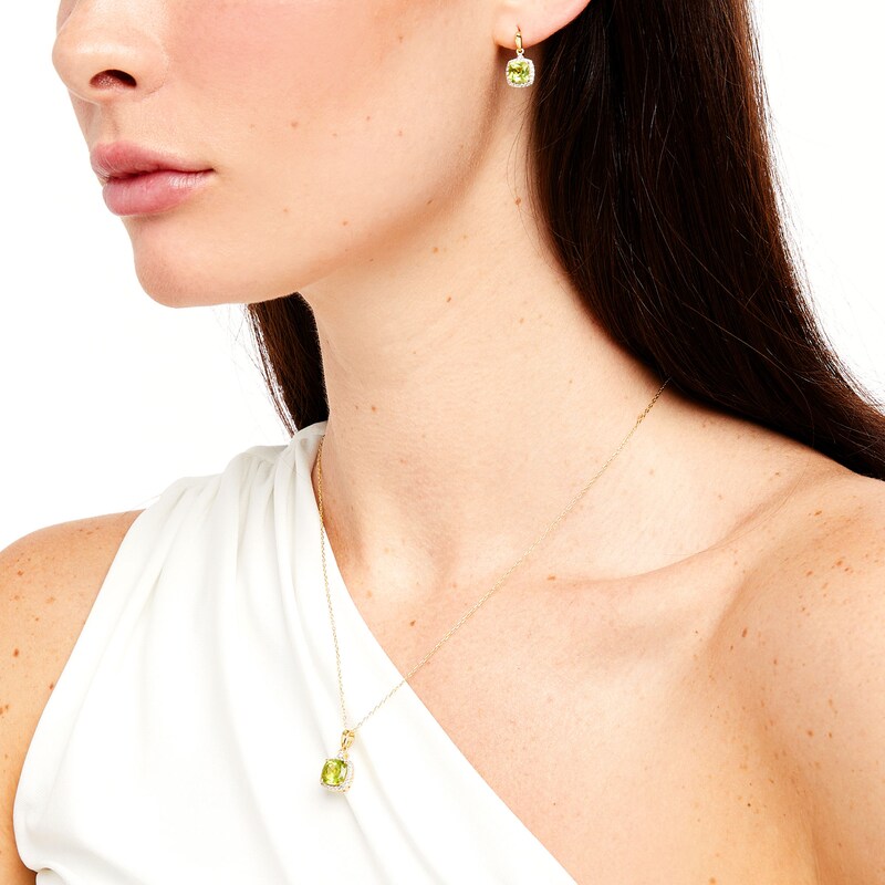 Main Image 2 of Cushion-Cut Peridot and White Lab-Created Sapphire Pendant and Drop Earrings Set in Sterling Silver with 18K Gold Plate
