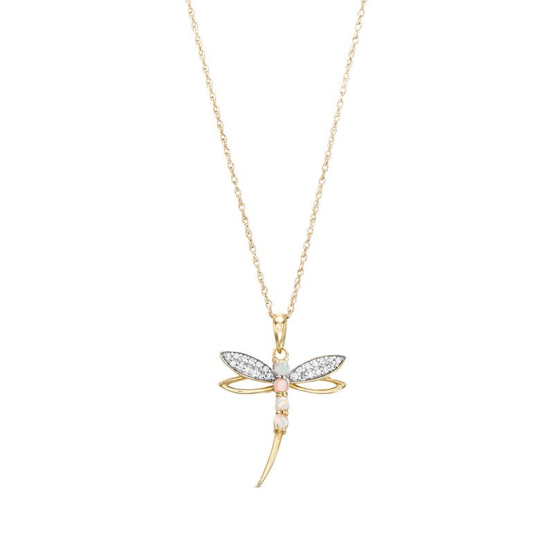 Main Image 1 of Lab-Created Opal and 1/20 CT. T.W. Diamond Dragonfly Pendant in 10K Gold