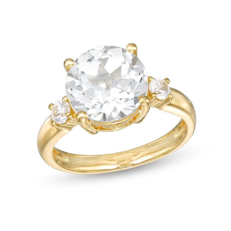 10.0mm White Lab-Created Sapphire Three Stone Ring in Sterling Silver with 18K Gold Plate - Size 7