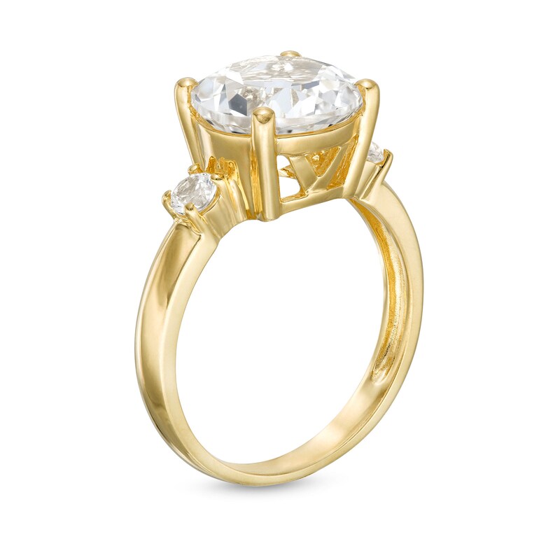10.0mm White Lab-Created Sapphire Three Stone Ring in Sterling Silver with 18K Gold Plate - Size 7