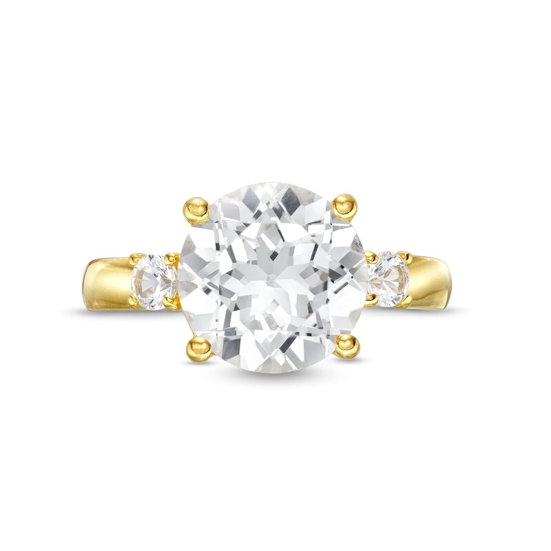 10.0mm White Lab-Created Sapphire Three Stone Ring in Sterling Silver with 18K Gold Plate - Size 7