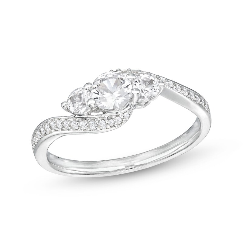 Main Image 1 of White Lab-Created Sapphire Bypass Three Stone Ring in Sterling Silver