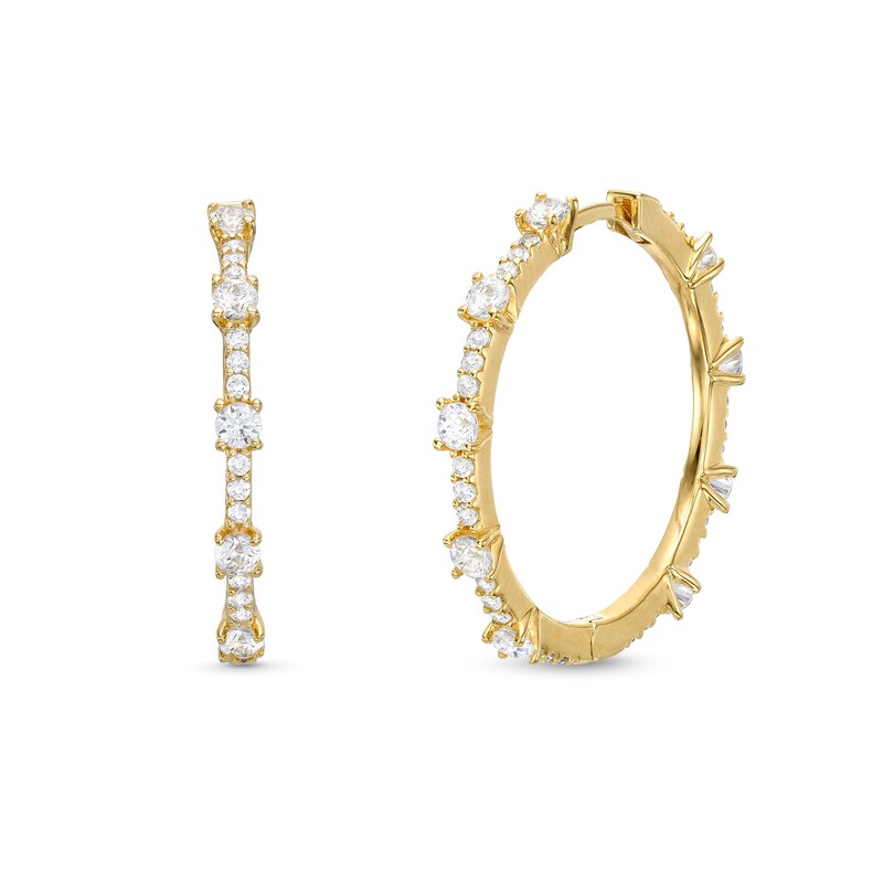 Main Image 1 of White Lab-Created Sapphire Station Hoop Earrings in Sterling Silver with 18K Gold Plate
