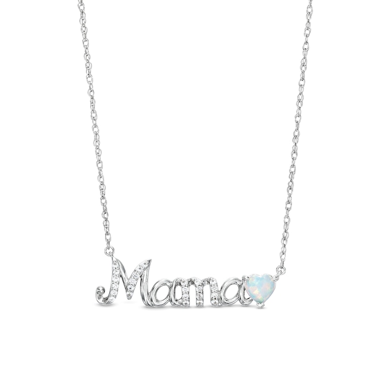 Heart-Shaped Lab-Created Opal and White Lab-Created Sapphire Lined "Mama" Necklace in Sterling Silver