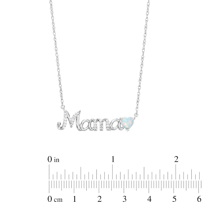 Main Image 3 of Heart-Shaped Lab-Created Opal and White Lab-Created Sapphire Lined "Mama" Necklace in Sterling Silver
