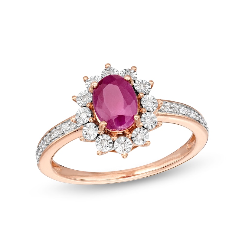 Main Image 1 of Oval Ruby and 1/20 CT. T.W. Diamond Sunburst Frame Ring in 10K Rose Gold