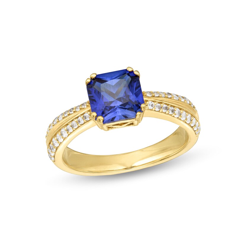 Main Image 1 of Asscher-Cut Blue Lab-Created Sapphire and White Lab-Created Sapphire Ring in Sterling Silver with 10K Gold Plate