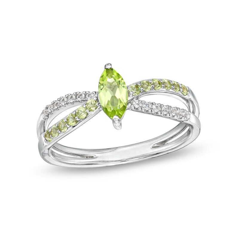 Main Image 1 of Marquise Peridot and White Lab-Created Sapphire Split Shank Ring in Sterling Silver