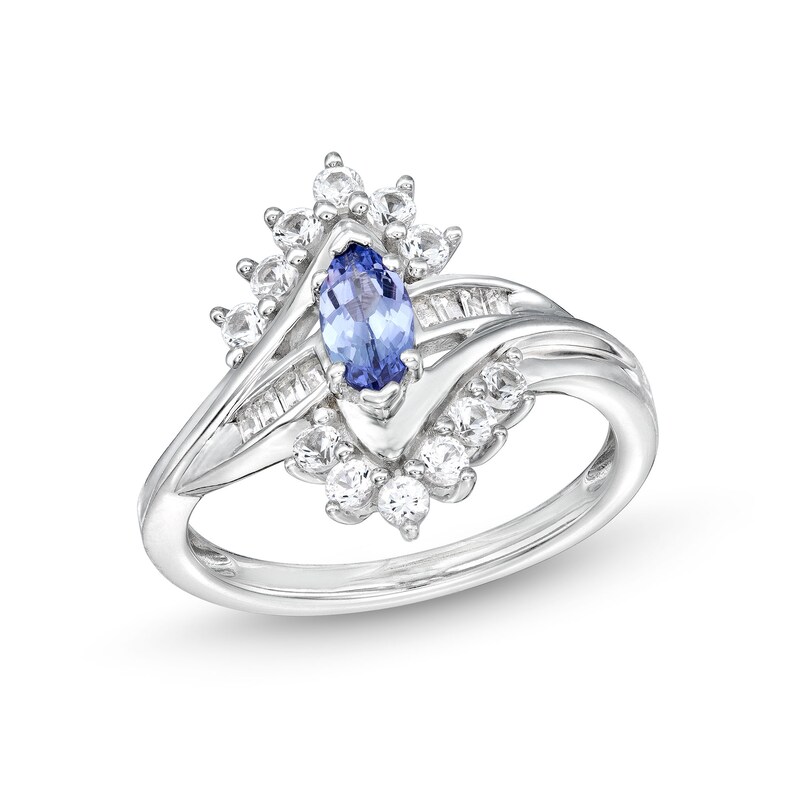 Main Image 1 of Marquise Tanzanite and White Lab-Created Sapphire Sunburst Frame Ring in Sterling Silver