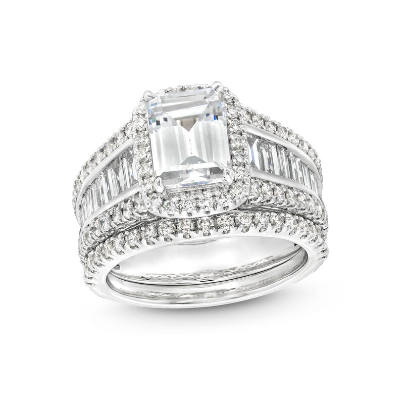 Main Image 1 of 3-3/4 CT. T.W. Certified Emerald-Cut Lab-Grown Diamond Frame Bridal Set in 14K White Gold (F/VS2)