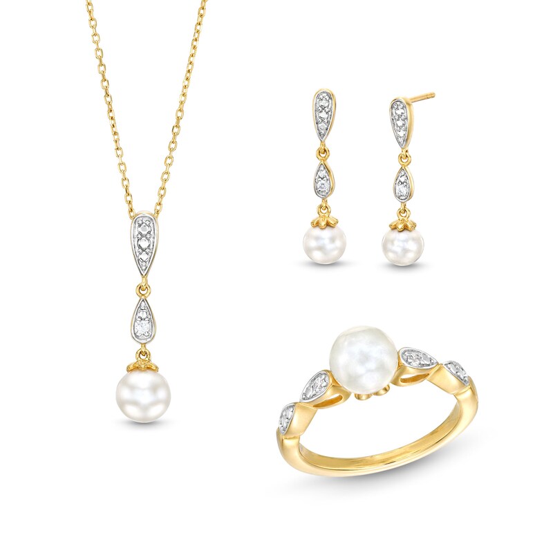 Cultured Freshwater Pearl and 1/15 CT. T.W. Diamond Pendant, Ring and Earrings in Sterling Silver with 10K Gold Plate