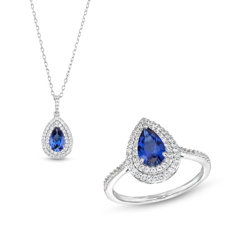 Main Image 1 of Pear Blue Lab-Created Sapphire and White Lab-Created Sapphire Teardrop Frame Pendant and Ring Set in Sterling Silver
