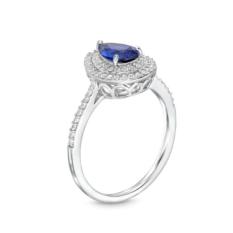 Main Image 3 of Pear Blue Lab-Created Sapphire and White Lab-Created Sapphire Teardrop Frame Pendant and Ring Set in Sterling Silver