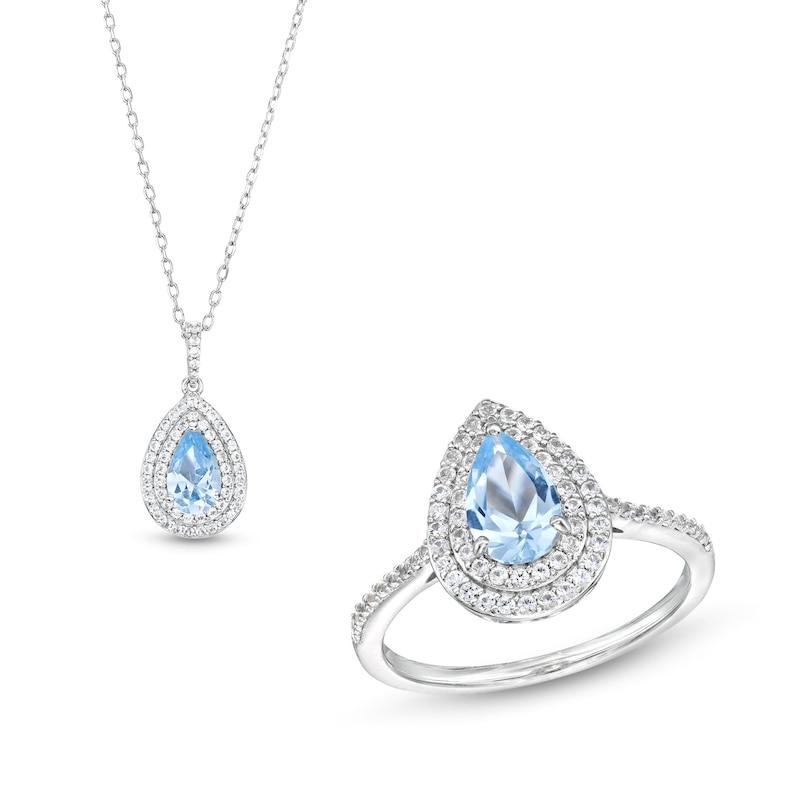 Main Image 1 of Pear Blue Lab-Created Spinel and White Lab-Created Sapphire Teardrop Frame Pendant and Ring Set in Sterling Silver