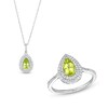 Thumbnail Image 1 of Pear-Shaped Peridot and White Lab-Created Sapphire Teardrop Frame Pendant and Ring Set in Sterling Silver