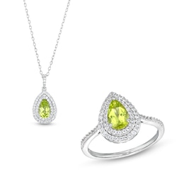 Pear-Shaped Peridot and White Lab-Created Sapphire Teardrop Frame Pendant and Ring Set in Sterling Silver