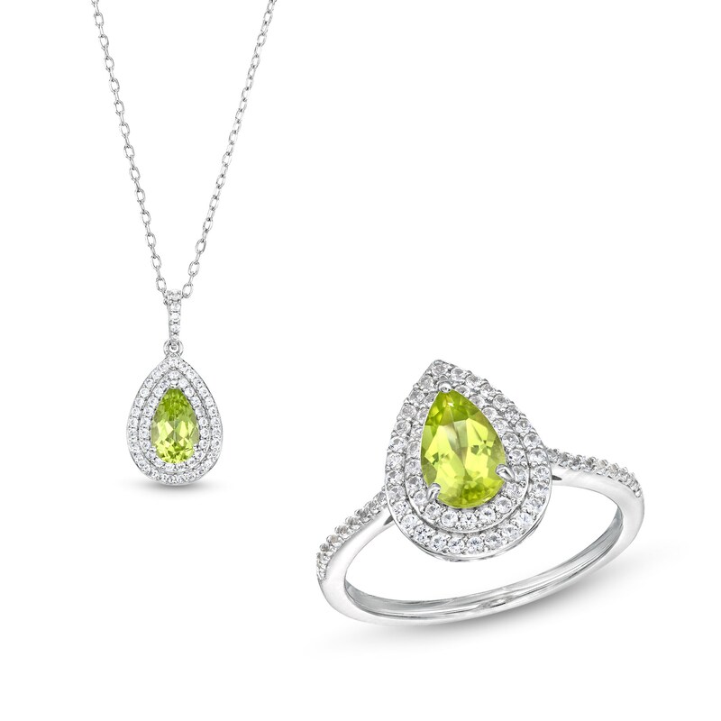 Main Image 1 of Pear-Shaped Peridot and White Lab-Created Sapphire Teardrop Frame Pendant and Ring Set in Sterling Silver