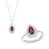 Thumbnail Image 0 of Pear-Shaped Garnet and White Lab-Created Sapphire Teardrop Frame Pendant and Ring Set in Sterling Silver
