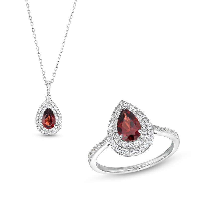 Pear-Shaped Garnet and White Lab-Created Sapphire Teardrop Frame Pendant and Ring Set in Sterling Silver