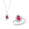 Thumbnail Image 1 of Pear-Shaped Lab-Created Ruby and White Lab-Created Sapphire Teardrop Frame Pendant and Ring Set in Sterling Silver
