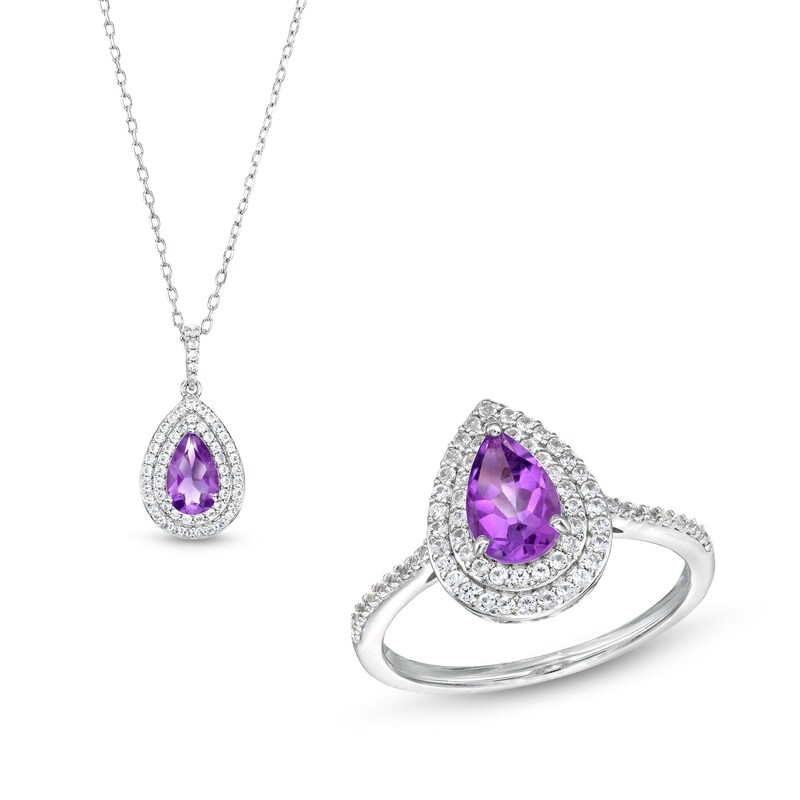 Main Image 1 of Pear-Shaped Amethyst and White Lab-Created Sapphire Teardrop Frame Pendant and Ring Set in Sterling Silver