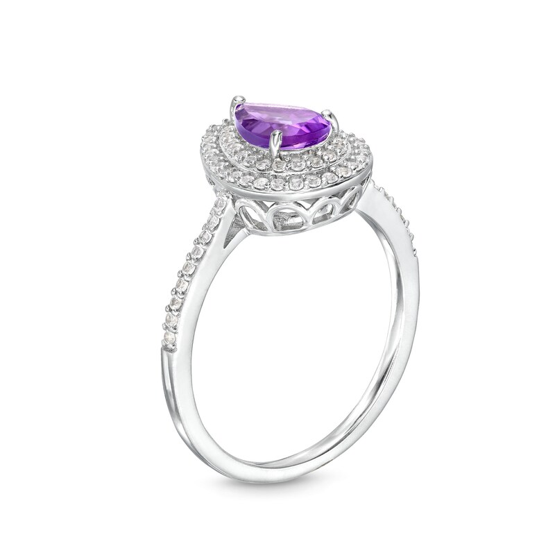 Main Image 3 of Pear-Shaped Amethyst and White Lab-Created Sapphire Teardrop Frame Pendant and Ring Set in Sterling Silver