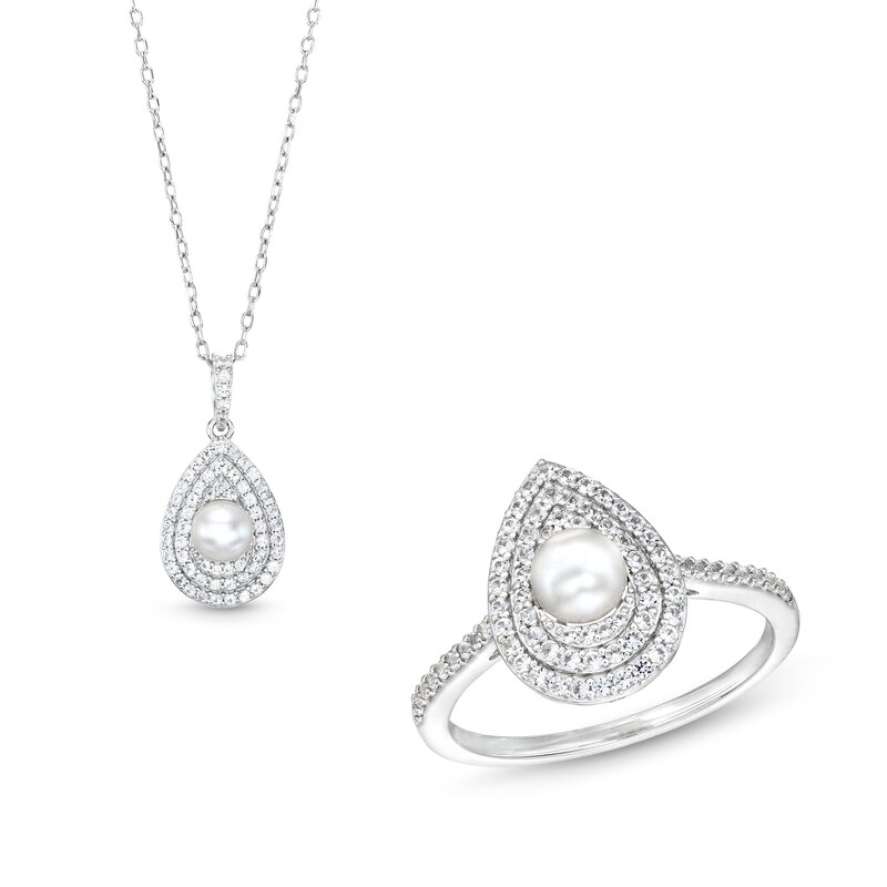 Main Image 1 of Freshwater Cultured Pearl and White Lab-Created Sapphire Teardrop Frame Pendant and Ring Set in Sterling Silver