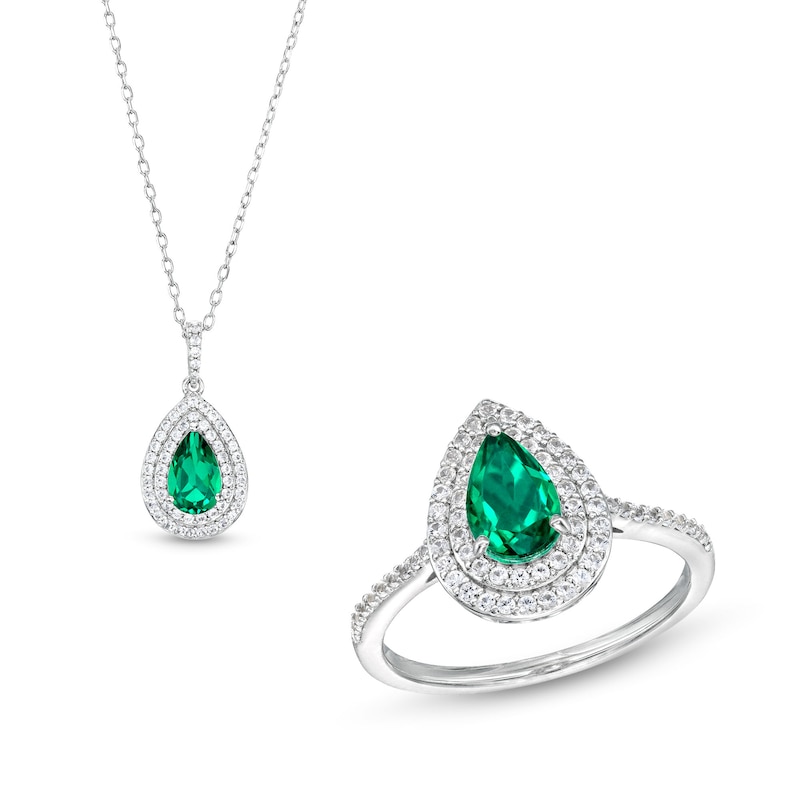 Main Image 1 of Pear-Shaped Lab-Created Emerald and White Lab-Created Sapphire Teardrop Frame Pendant and Ring Set in Sterling Silver