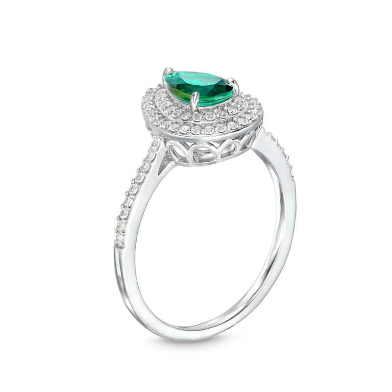 Pear-Shaped Lab-Created Emerald and White Lab-Created Sapphire Teardrop Frame Pendant and Ring Set in Sterling Silver