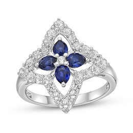 Pear-Shaped Blue and White Lab-Created Sapphire Open Petal Frame Star-Shaped Flower Ring in Sterling Silver