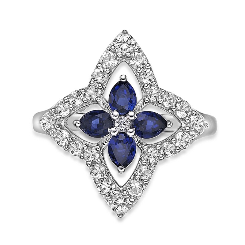 Main Image 4 of Pear-Shaped Blue and White Lab-Created Sapphire Open Petal Frame Star-Shaped Flower Ring in Sterling Silver