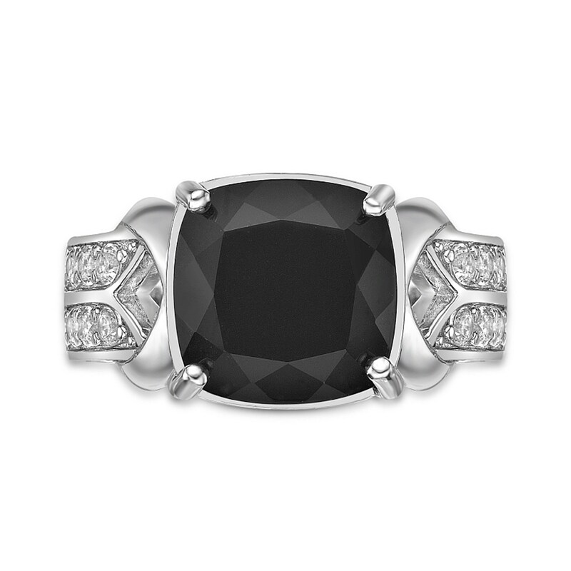 Main Image 4 of 11.0mm Cushion-Cut Onyx and White Topaz Loop Collar Double Row Split Shank Ring in Sterling Silver