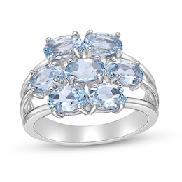 Sideways Oval Blue Topaz Seven Stone Triple Row Split Shank Ring in Sterling Silver
