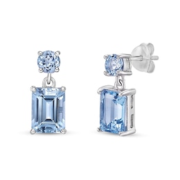 Emerald-Cut and Round Sky Blue Topaz Double Drop Earrings in Sterling Silver