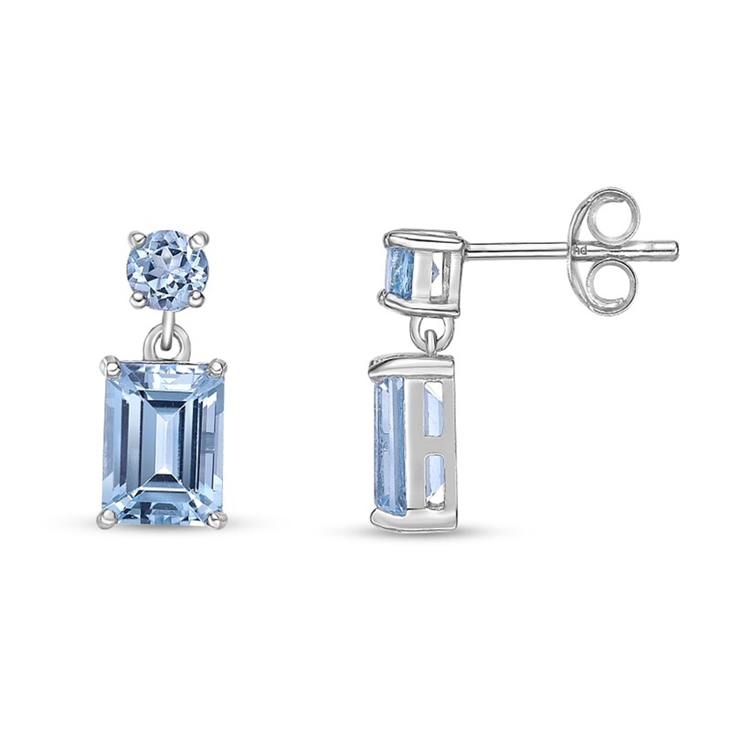 Main Image 2 of Emerald-Cut and Round Sky Blue Topaz Double Drop Earrings in Sterling Silver