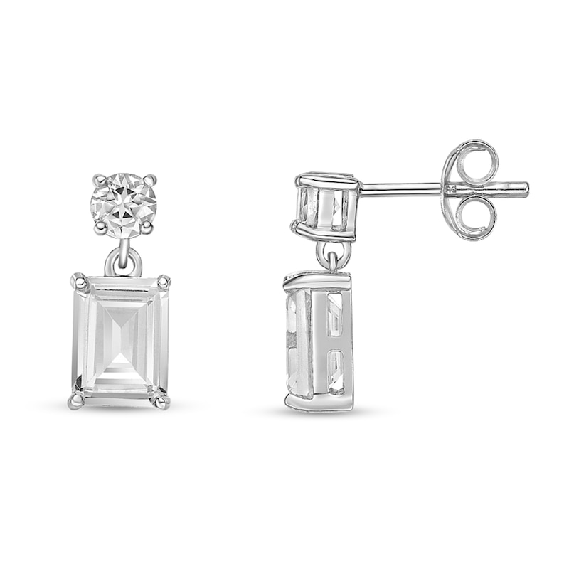 Main Image 2 of Emerald-Cut and Round White Topaz Double Drop Earrings in Sterling Silver