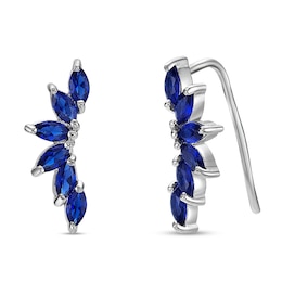 Marquise Blue Lab-Created Sapphire Curved Fan Crawler Earrings in Sterling Silver