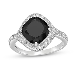 9.0mm Cushion-Cut Onyx and White Topaz Bypass Swirl Frame Ring in Sterling Silver