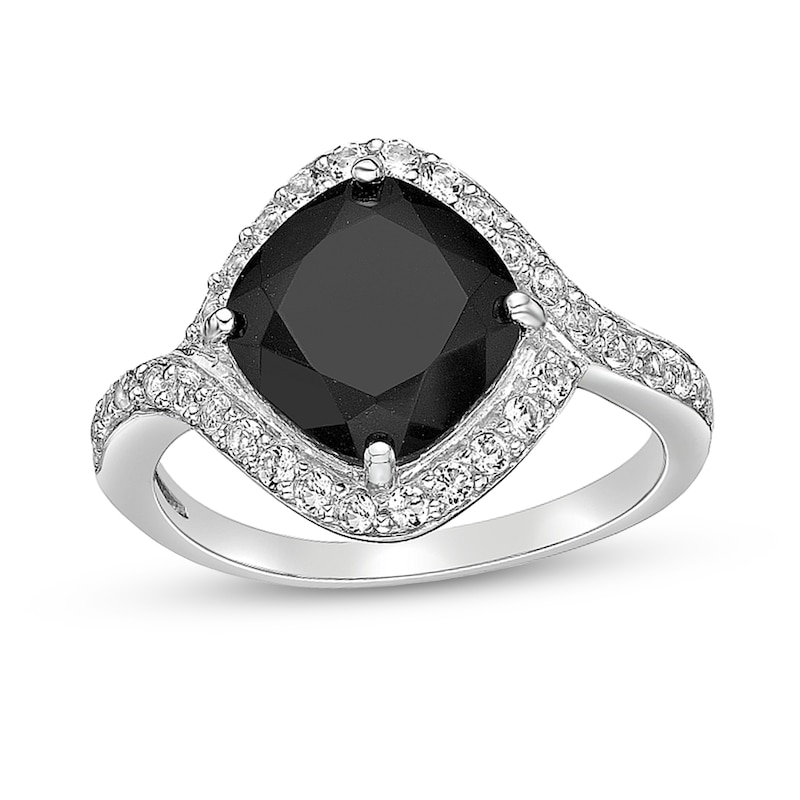 Main Image 1 of 9.0mm Cushion-Cut Onyx and White Topaz Bypass Swirl Frame Ring in Sterling Silver