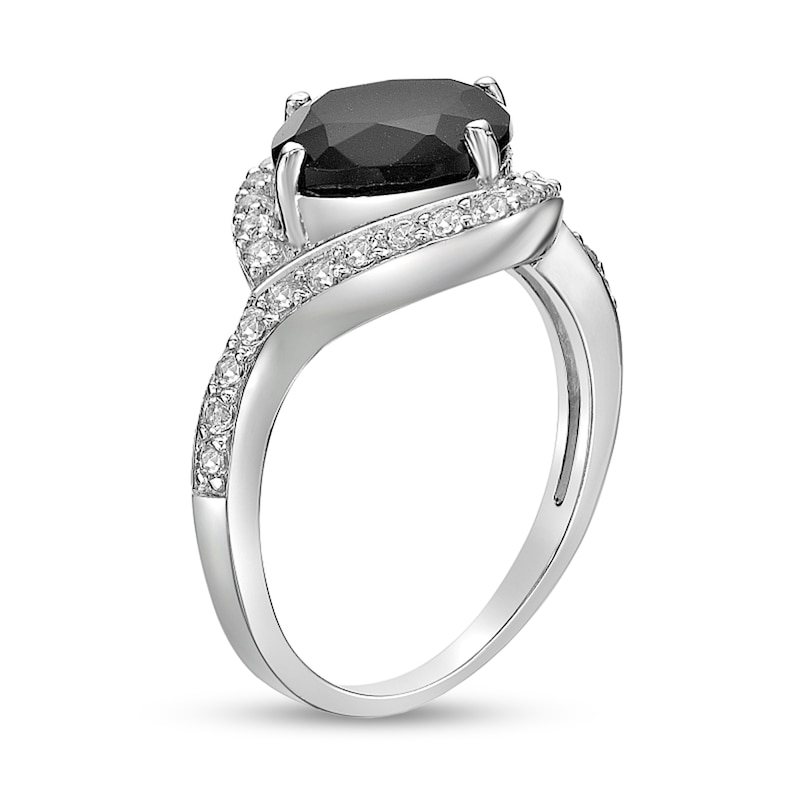 Main Image 2 of 9.0mm Cushion-Cut Onyx and White Topaz Bypass Swirl Frame Ring in Sterling Silver