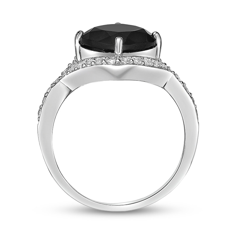 Main Image 3 of 9.0mm Cushion-Cut Onyx and White Topaz Bypass Swirl Frame Ring in Sterling Silver