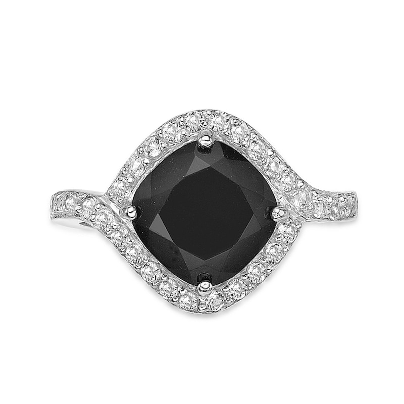 Main Image 4 of 9.0mm Cushion-Cut Onyx and White Topaz Bypass Swirl Frame Ring in Sterling Silver